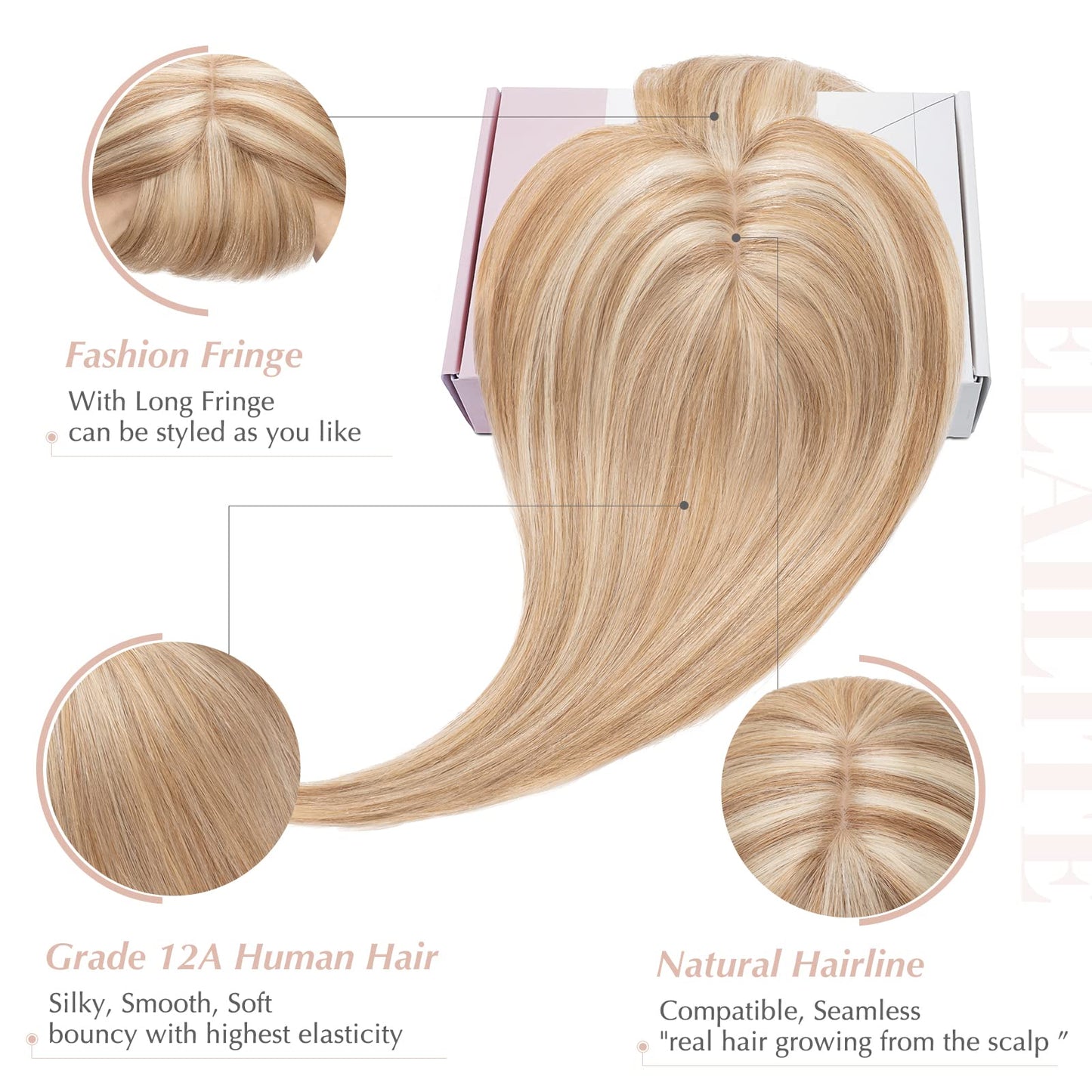 Elailite Hair Toppers for Women Real Human Hair Topper with Bangs Thinning Thin 5.1 x2.8  Silk Base Clip in Remy Hairpieces 16 I