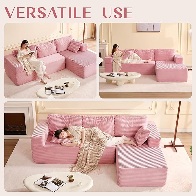 Afuson 107" Boneless Couch with Deep Seat, Modular Sectional Sofa, Cloud Sectional Couch for Living Room, No Assembly Required, Corduroy, L-Shape Right, Pink