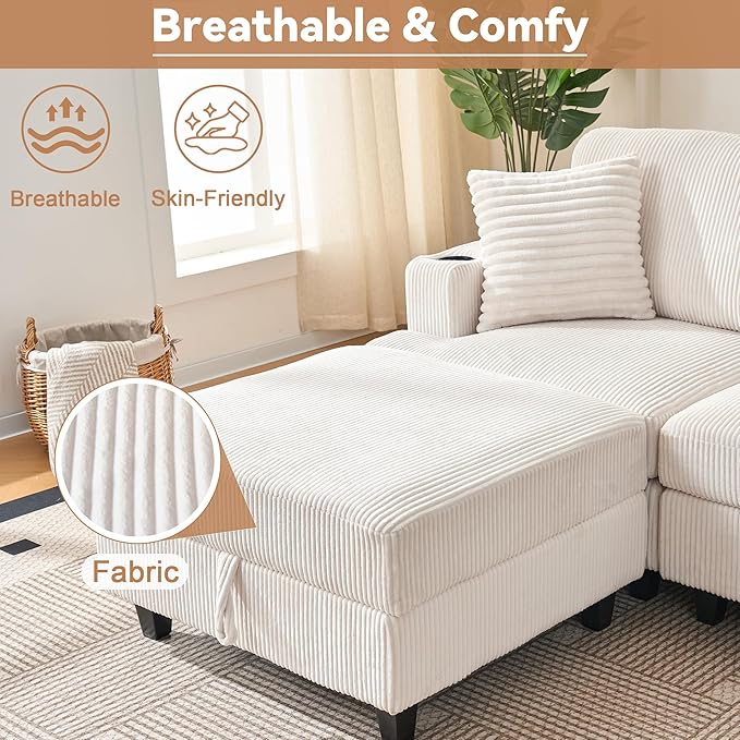 31" Convertible Modular Sleeper Sofa in Soft Corduroy with Attachable Storage Ottoman, 21" Deep Seat Cloud Couch Easy Assembly for Small Spaces Living Room Bedroom Office (White, 1 Seat + 1 Ottoman)