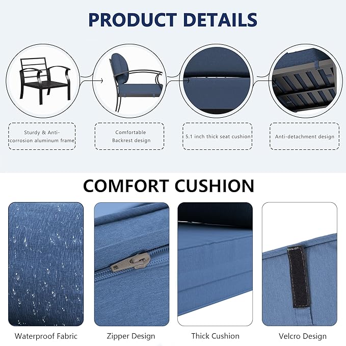 RTDTD Aluminum Outdoor Patio Furniture Set,5 Seats Patio Conversation Sets with Rectangular Coffee Table,Metal Patio Sectional Furniture Set with 5.1" Thickened Cushions,Navy Blue