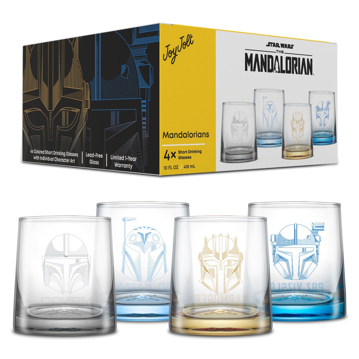 JoyJolt Star Wars The Mandalorians Short Drinking Glasses Set of 4, 10 oz Lowball Glasses ft Mandalorian Helmet Designs, Coffee and Water Tumbler Cups, Star Wars Gifts for Men, Women, and Adults