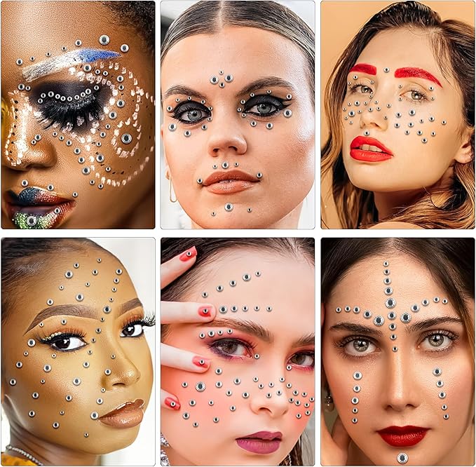 591pcs Face Gems Hair Gems Pearls, Self-Adhesive Face Jewels Eye Rhinestones 3/4/5/6/8 mm Face Gem Stick on, Halloween Makeup Gems Rave Accessories for Face Eyes Body Makeup (14.Clear)