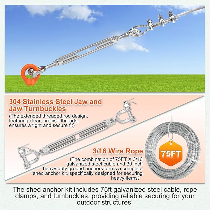30" Ground Anchors Shed Anchors Kit with 3/16" 75FT Galvanized Cable & M6 304 Stainless Steel Turnbuckles, Heavy Duty Earth Anchors for Sheds Trees Trampoline Greenhouse Swing Set Tent, 6Pack Orange