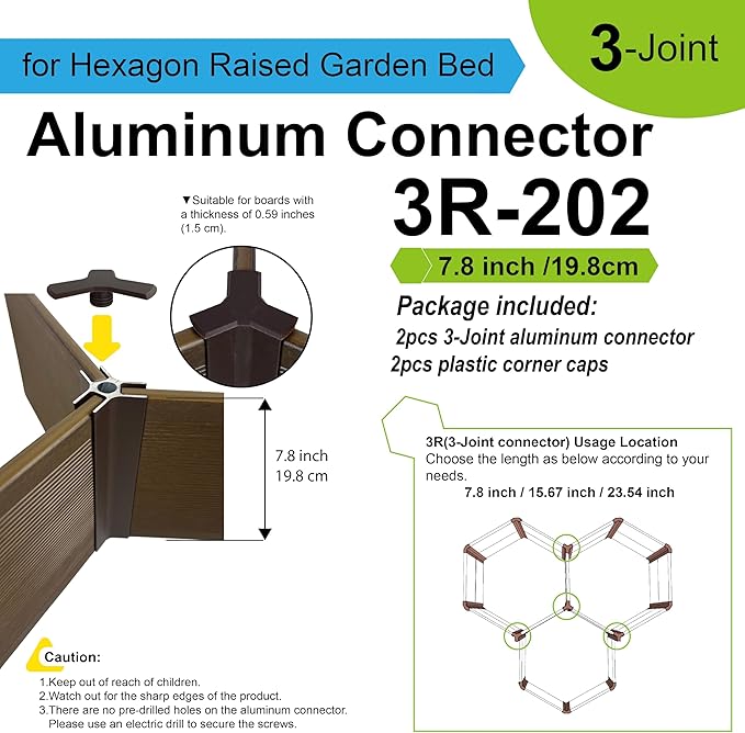 Aluco Wood 3-Joint Aluminum Connector Kit for Hexagon Raised Garden Bed, Corner Brackets for Planter, 2Pack and Complete with 2Pcs Corner Caps (H:7.8inch)
