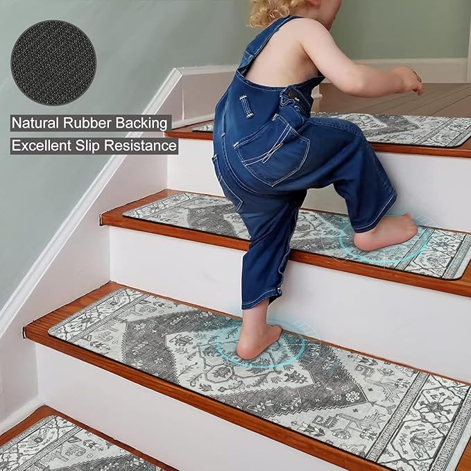 OJIA Extra Non-Slip Stair Treads for Wooden Steps, 30"X8" Indoor Stair Runners Slip Resistant Stair Rugs Safety Mats for Dogs, Kids & Elders, Rubber Backed Stair Treads Stair Covers (15PC, Gray)