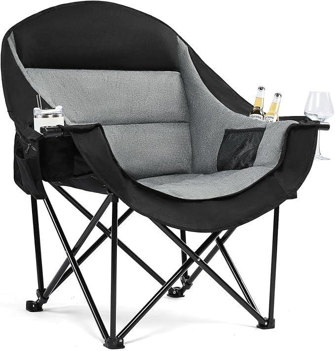 Oversized Camping Chairs for Adults - Heavy Duty Padded Outdoor Folding Lawn XL Camp Chair with Cup Holder Cooler Pockets ...