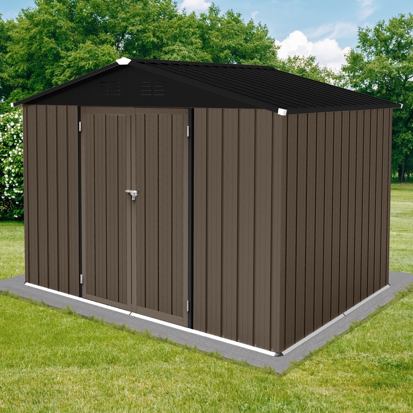 Jintop 6x8 FT Outdoor Storage Shed,with Hinged Door and Padlock,Pitched Roof Metal Garden Tool Sheds,w/Punched Vents,for Storing Bicycles, Lawnmowers, Barbeques,Garden Tools,Brown + Black