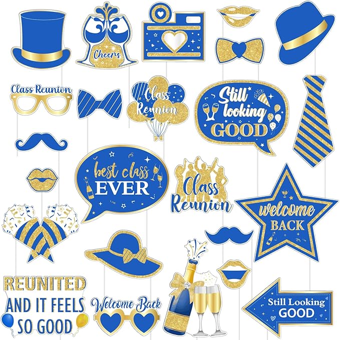 JOYMEMO 24Pcs Class Reunion Photo Booth Props, Blue Gold Best Class Ever Welcome Back Party Decorations, Reunion Party Pho...