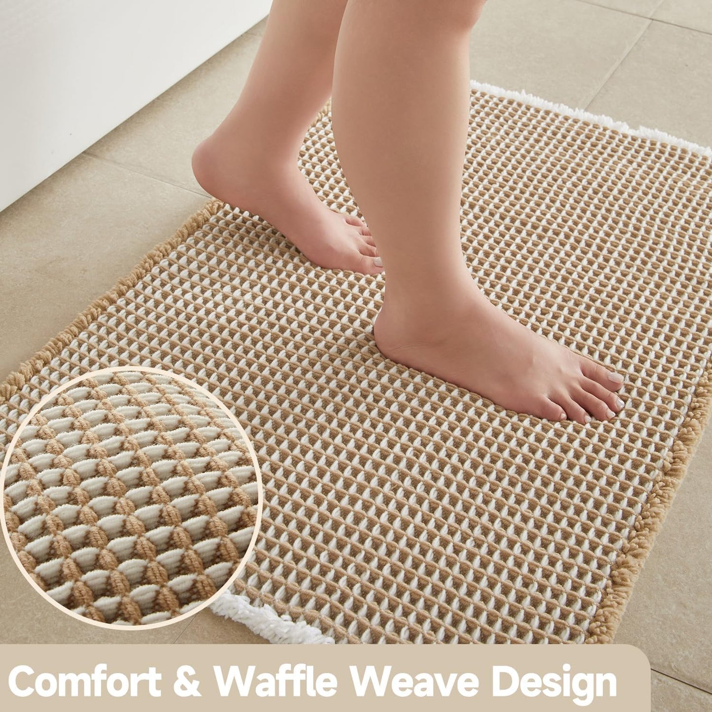 Waffle Bath Mat, Boho Bathroom Rugs Non Slip Washable Super Absorbent Quick Dry Bath Mat Farmhouse Bathroom Decor, 36"x24" Khaki and White