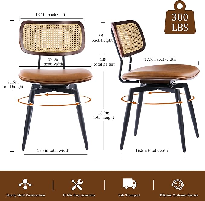 Quenvo Swivel Dining Chairs with Rattan Back, Modern Brown Leather Dining Chairs Set of 2, Swivel Dining Room Chairs Kitchen Side Chairs with Metal Legs and Upholstered Seat for Kitchen & Restaurant