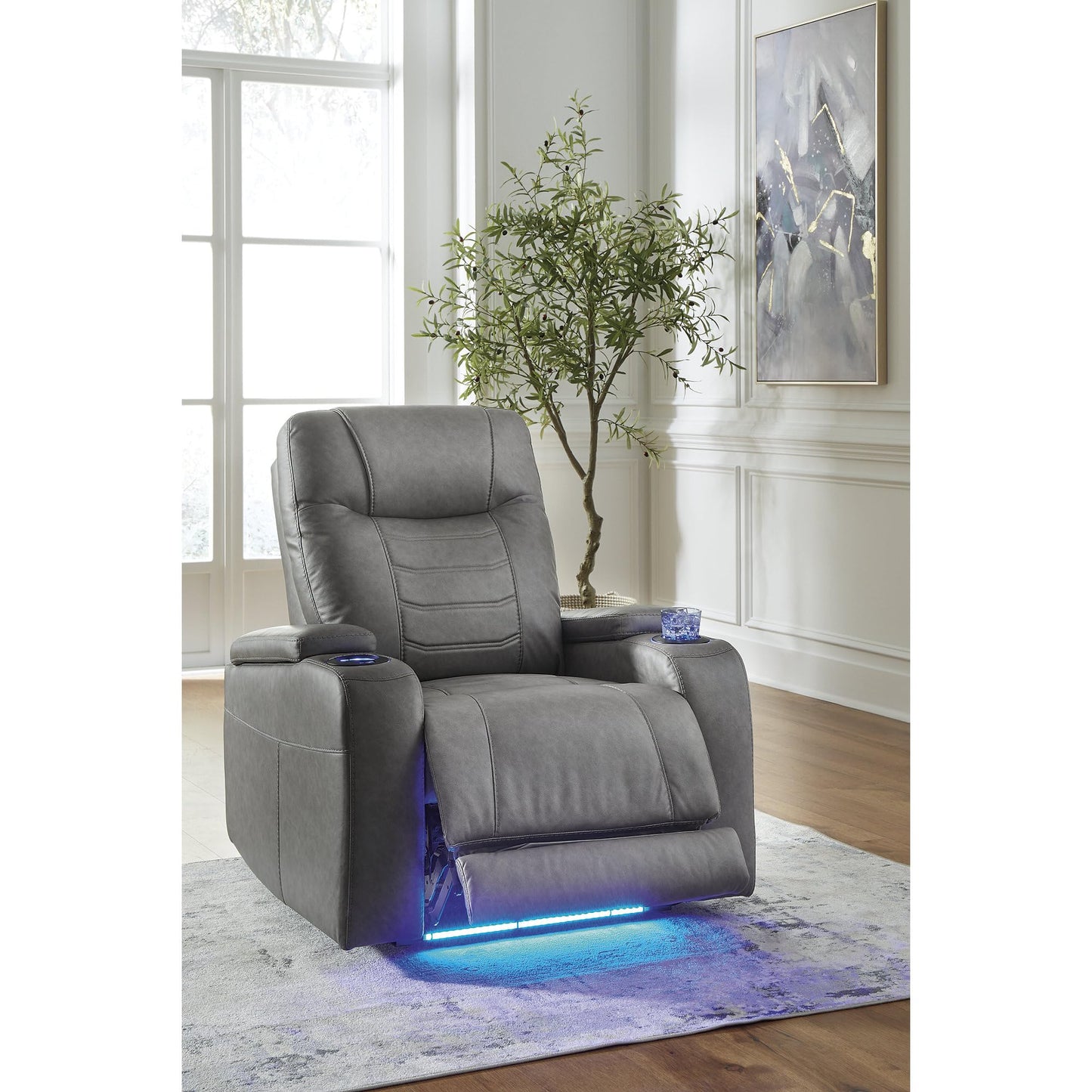 Signature Design by Ashley Schooner Rocks Power Recliner Chair, Faux Leather Upholstery with Adjustable Headrest, LED Cup Holders and Extended Ottoman for Home Theater Comfort