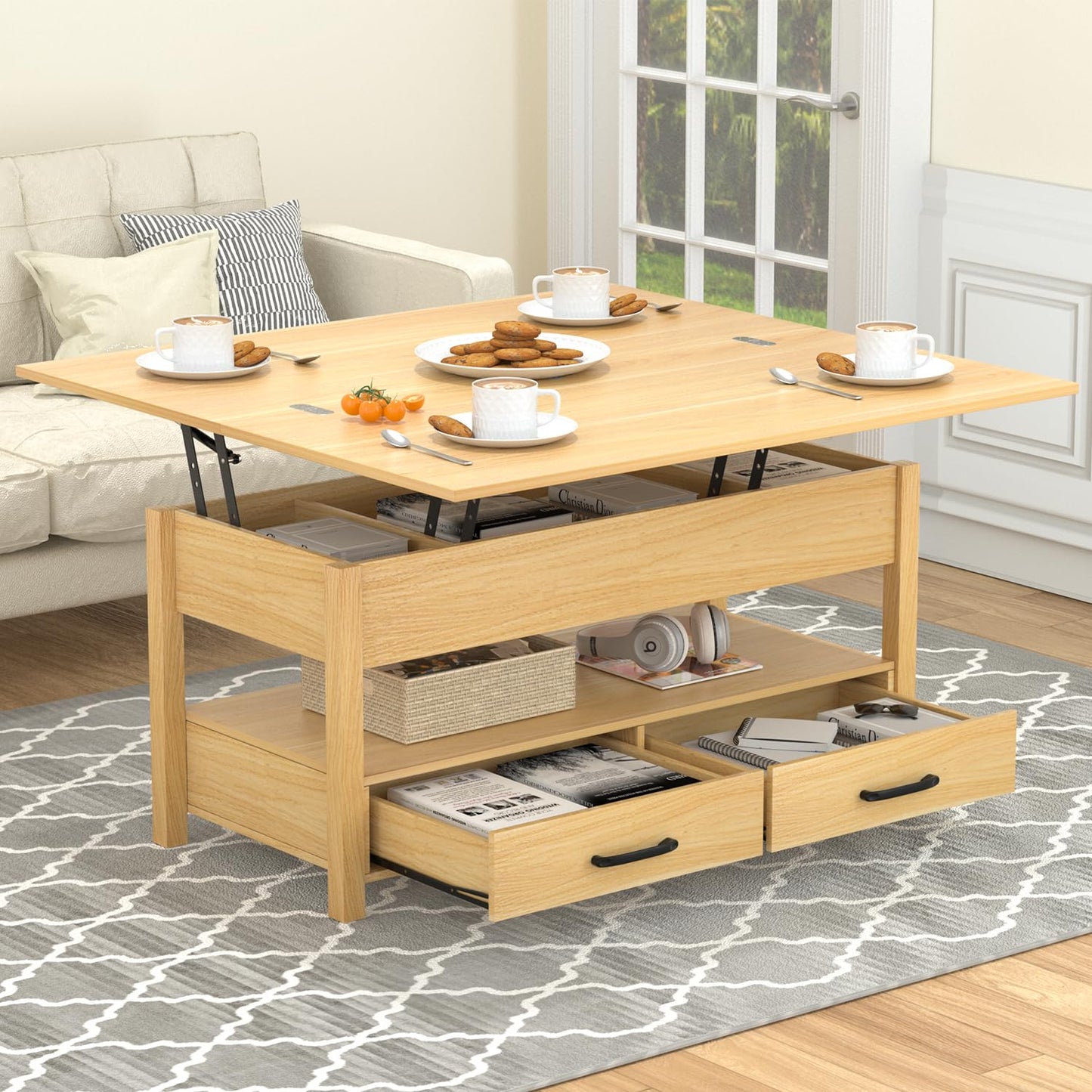 SYESWAY 40'' Lift Top Coffee Table, 4-in-1 Multifunctional Lift Coffee Table with Storage & Hidden Compartments, Farmhouse Coffe Table with Lifting top for Living Room, Dining Reception Room, Wood