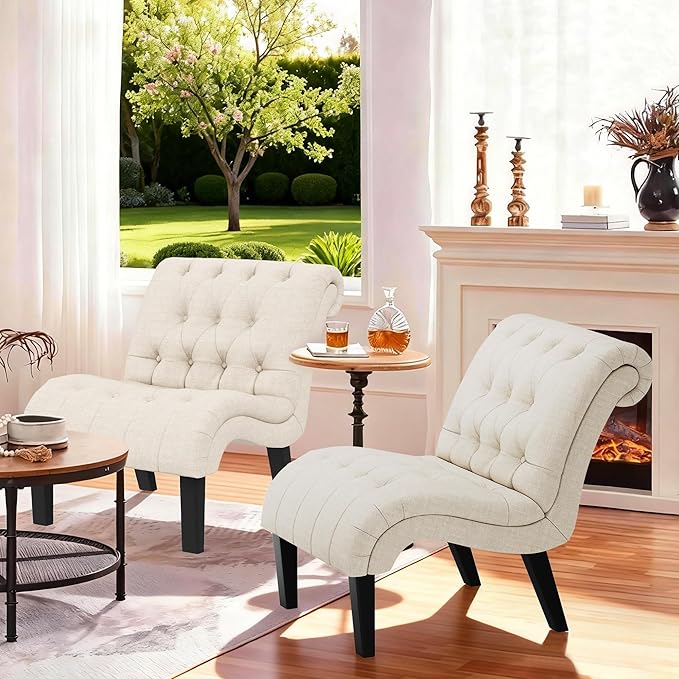 Yongqiang Accent Chairs Set of 2 Mid Century Modern Tufted Upholstered Chair for Living Room Bedroom Curved Armless Side Chairs with Wood Legs Linen Fabric