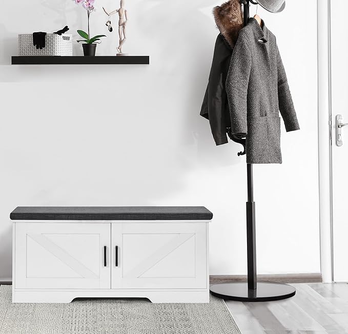 HOMSHO 2-Tier Storage Bench, 39.4" Wide Shoe Bench with Padded Seat Cushion, Entryway Bench with 2 Barn Doors and Adjustable Shelf, White