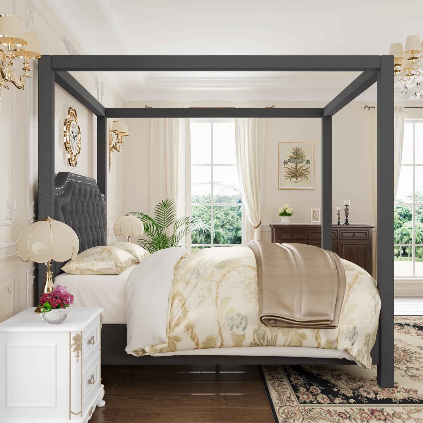 GarveeHome Upholstered Canopy Bed Frame Full Size with headboard, Button Tufted, Nailhead Trim Design, No Box Spring Required, Gray