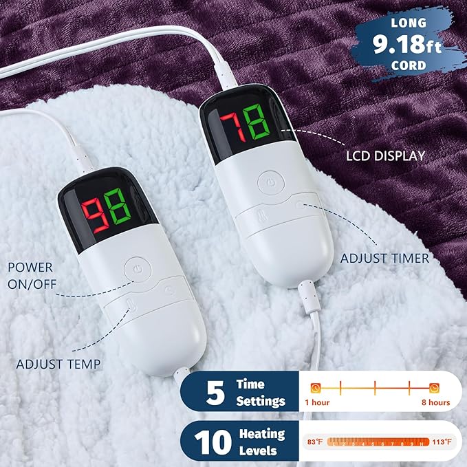 Heated Electric Blanket Queen Size - 84" x 90" Heating Blanket with Dual Control, 10 Heating Levels & 8 Hours Auto Off, Soft Warm Flannel Blanket, Christmas Birthday Gifts for Senior Grandma