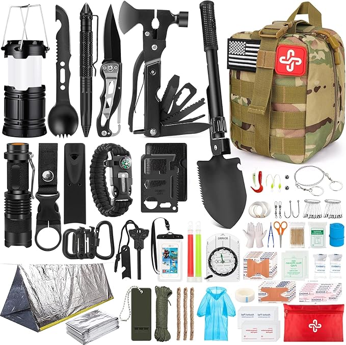 Survival Kit, 250Pcs Survival Gear First Aid Kit with Molle System Compatible Bag and Emergency Tent, Emergency Kit for Ea...