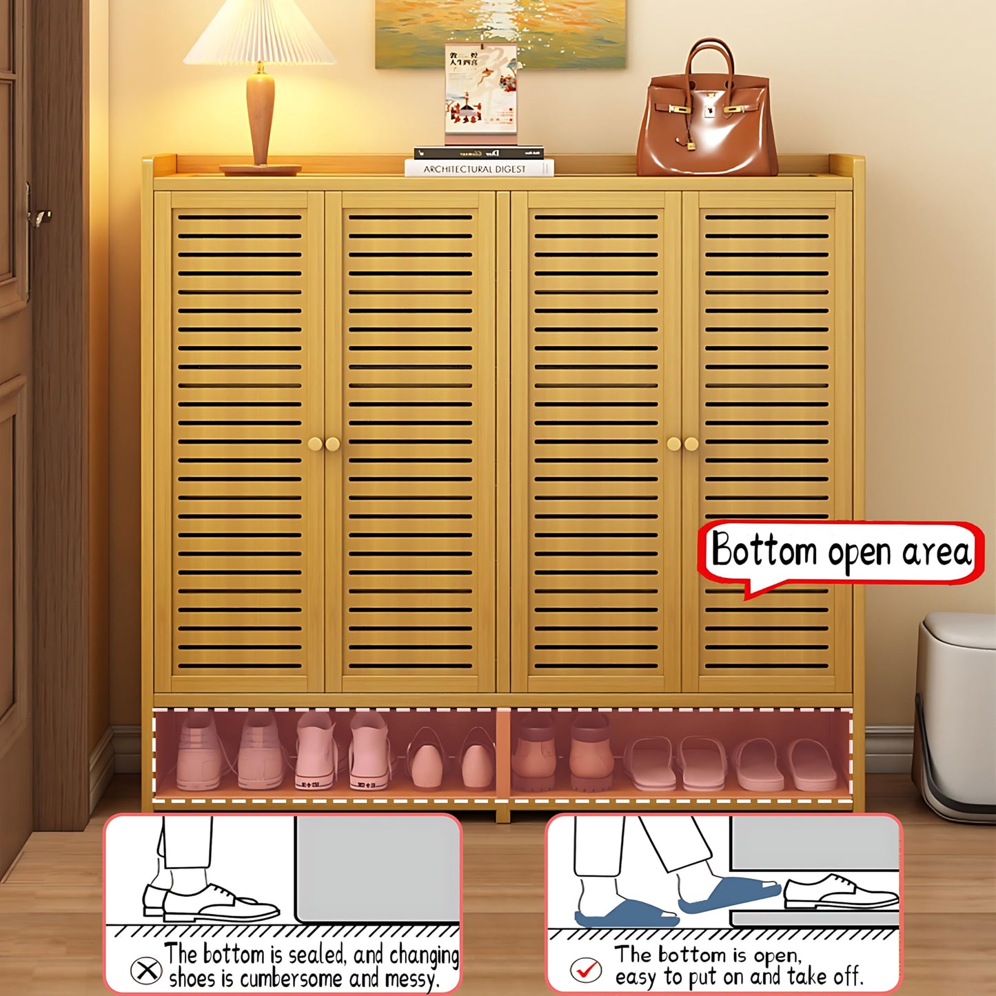 famlycokli 7-Tier Bamboo Shoe Storage Cabinet for Entryway, Shoe Cabinet with Shutter Doors, 36-40 Pairs Freestanding Shoe Rack Organizer, Shoe Organizer with Adjustable Shelves for Hallway, Closet