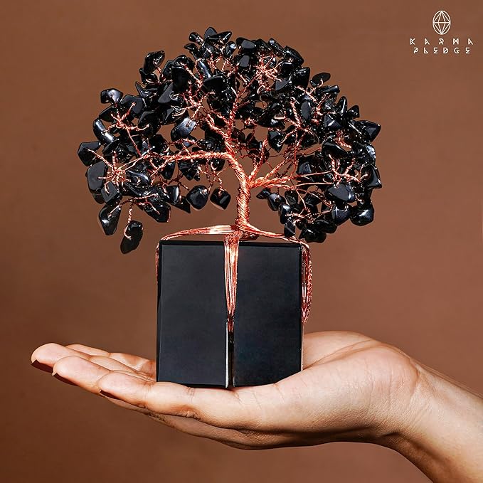 Crystal Tree of Life Feng Shui Decor for Home and Office, Blask Obsidian Chakra Healing Crystal Handmade Tree for Positive Energy, Money, Good Luck, Christmas Decor, Birthday Gifts for Women