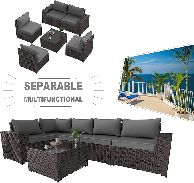 Kullavik Outdoor Patio Furniture Set 6 Pieces Sectional Rattan Sofa Set Brown PE Rattan Wicker Patio Conversation Set with 5 Seat Cushions and 1 Tempered Glass Table,Grey