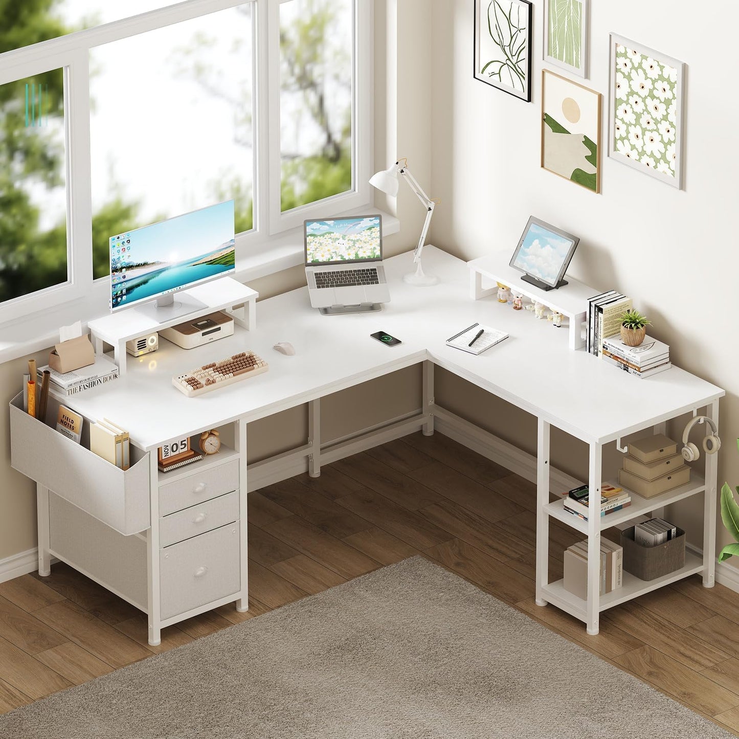 Lufeiya Large L Shaped Computer Desk with Fabric File Drawers Cabinet, 66 Inch Home Office Desks with Filing Cabinet and Storage Shelves, Corner Gaming Desk with 2 Movable Monitor Stands, White