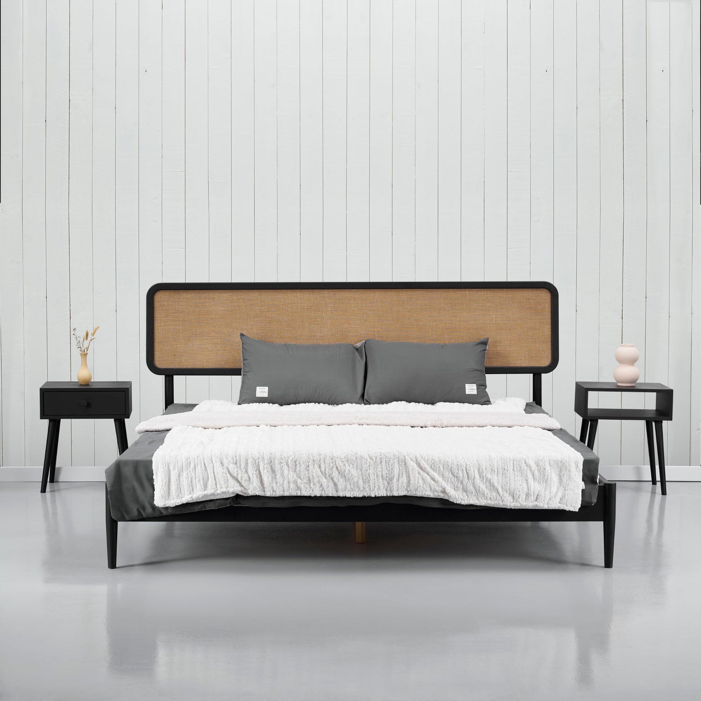 NTC Lupin Wooden Bed Frame with Headboard, Solid Oak and Rubber Wood Foundation with Silent Slats and Wood Central Supports, 1000 Lb Capacity, Effortless Assembly, Queen - Burnt Black