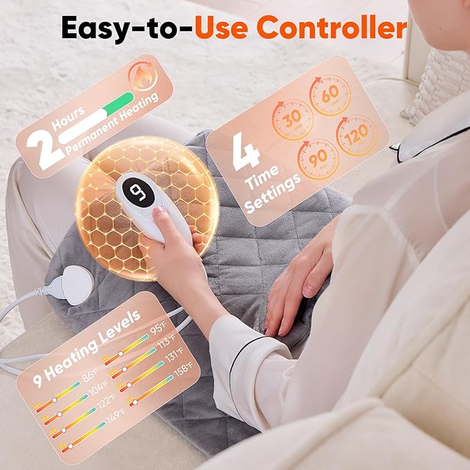 3 lb Weighted Heating Pad for Neck Shoulders and Back, Valentines Day Gifts for Him Her, Birthday Gifts for Men Women Dad, Instant Electric Heated Blanket with 9 Heat Options 4 Auto-Off Timer, Grey
