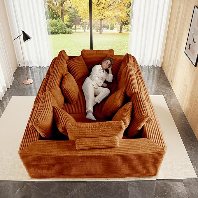 135.5" Cloud Sectional Couch,Boneless Corduroy Sofa for Living Room,Oversized U Shaped Sofa with Chaise,Deep Seat,No Assembly Required,Modular Sectional Sofa（Orange）