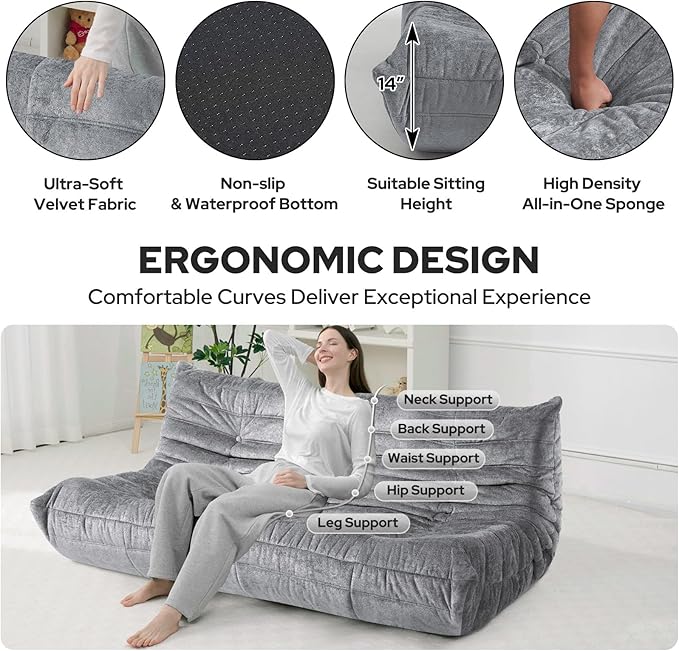 HABUTWAY Bean Bag Chair, Giant Bean Bag Chairs for Adults, 3 Seater Fireside Chair, Lazy Large Floor Bean Bag Sofa for Living Room, Bedroom, Dorm, Office (Light Grey)