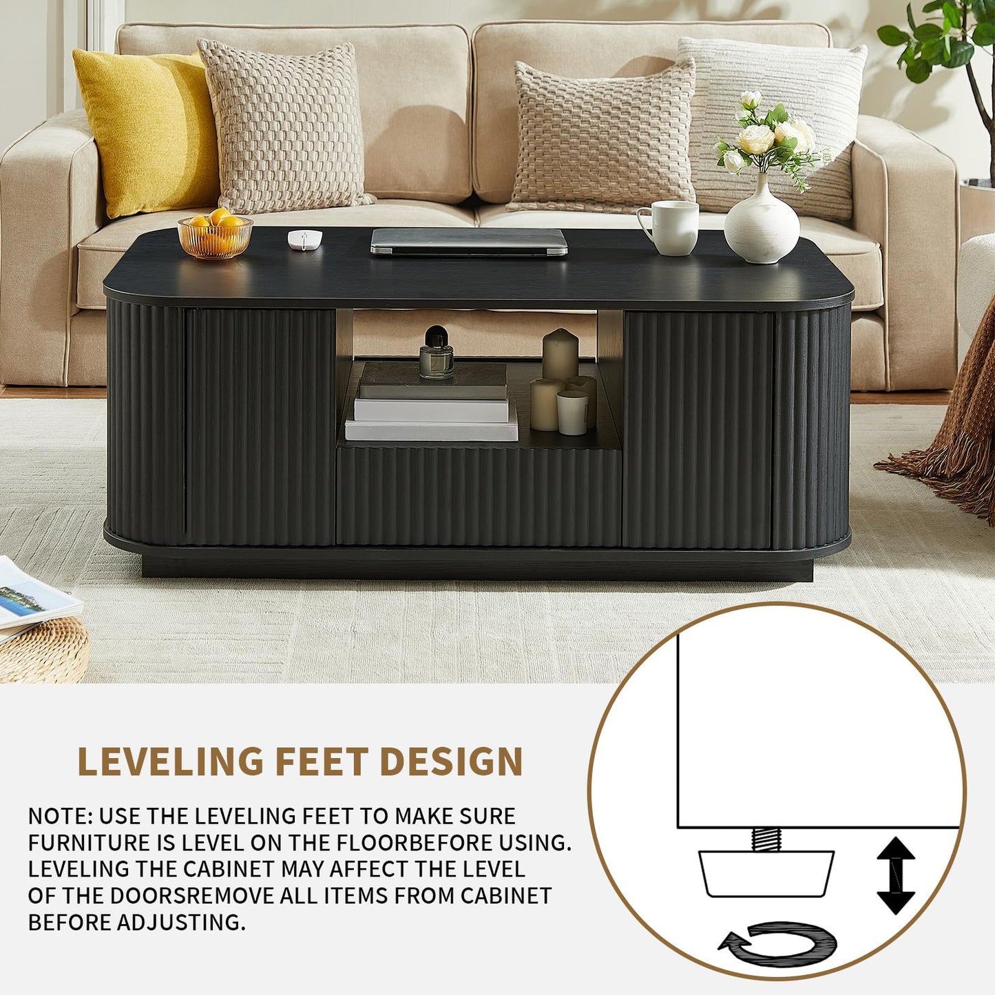 SZTHHDF 46.5" Coffee Table with Storage, Mid Century Modern Coffee Table with Drawer Wave Pattern Center Table with Door for Living Room, Office, Apartment, Black