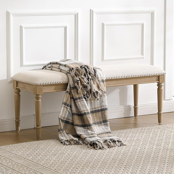 DM Furniture 46'' French Country Entryway Bench Wooden Linen Fabric Upholstered Seat Dinng Bench with Nailhead Trim for Hallway End of Bed, Beige