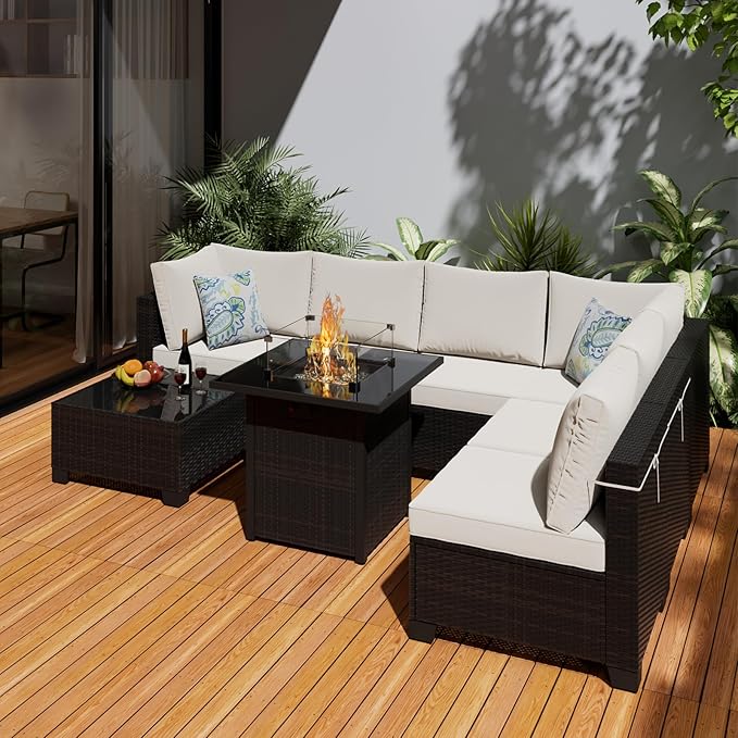 Ophelian 8 Piece Patio Furniture Set with Fire Pit Table, Wicker Outdoor Sectional Sofa Set, Conversation Sets with Thick Anti-Slip Cushions for Backyard, Garden, Deck, (Brown/Beige)