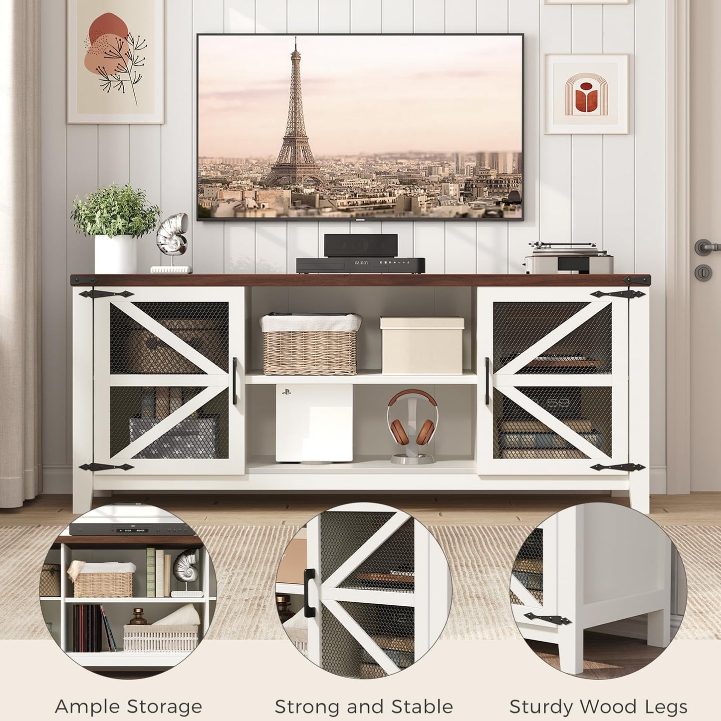 Jocoevol Tv Stand for 55 65 Inch Tv, Farmhouse Entertainment Center Tv Console with Storage & Adjustable Shelves & Mesh Door for Living Room, Bedroom, White