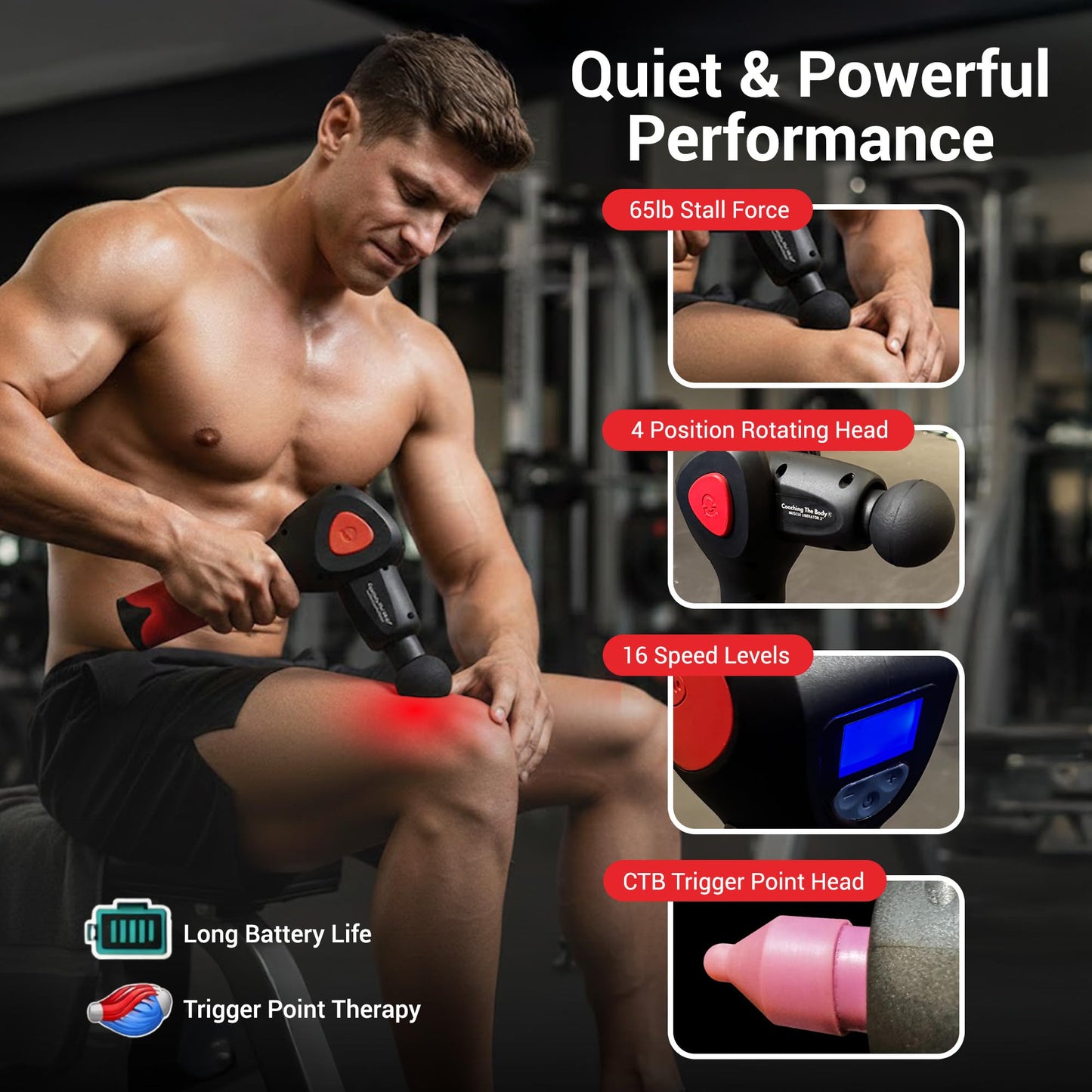 Coaching The Body Muscle Liberator 3 – Quiet, Portable Massage Gun with 4-Position Rotating Head, 16 Selectable Speeds & CTB Silicone Trigger Point Head – Rechargeable, 4-25 Hours Battery Life, 2.5lb