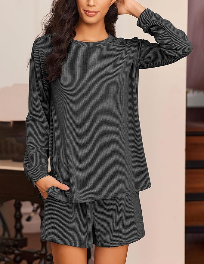 Ekouaer 2 Pieces Lounge Set for Women Long Sleeve Pajamas Top and Shorts Matching Sets Outfits with Pockets