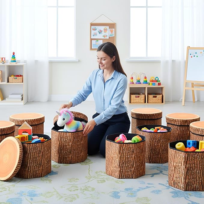 Amylove 8 Pack Tree Stump Storage Stool 12 x 12 Inch Stool Ottoman, Cute Folding Storage Box with Foam Cushion, Collapsible Seat Chest (Classic)