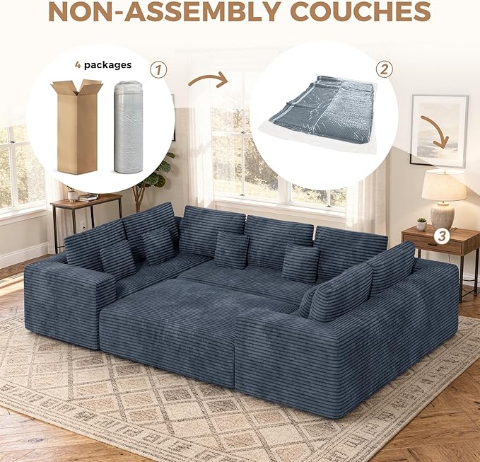 136'' Large Sectional Cloud Couches with Chaise, U Shaped Boneless Sofa Bed with Ottoman, No Assembly Required Deep Seat Modular Lounge for Living Room 4PCS Set, Bedroom(Grey)