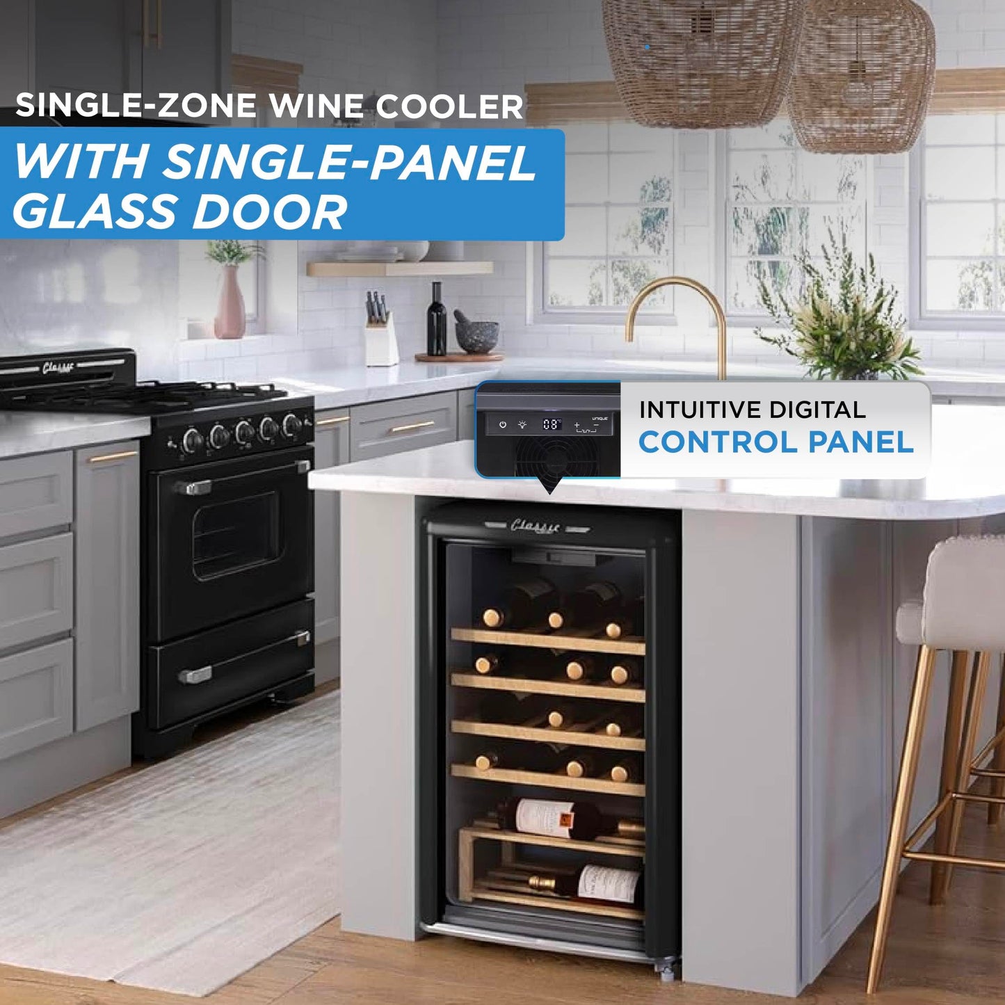Unique Appliances Classic Retro Electric Wine Cooler, 28-Bottle Wine Fridge with Adjustable Wooden Shelves and Intuitive Digital Control Panel, Single Zone, 21", Midnight Black