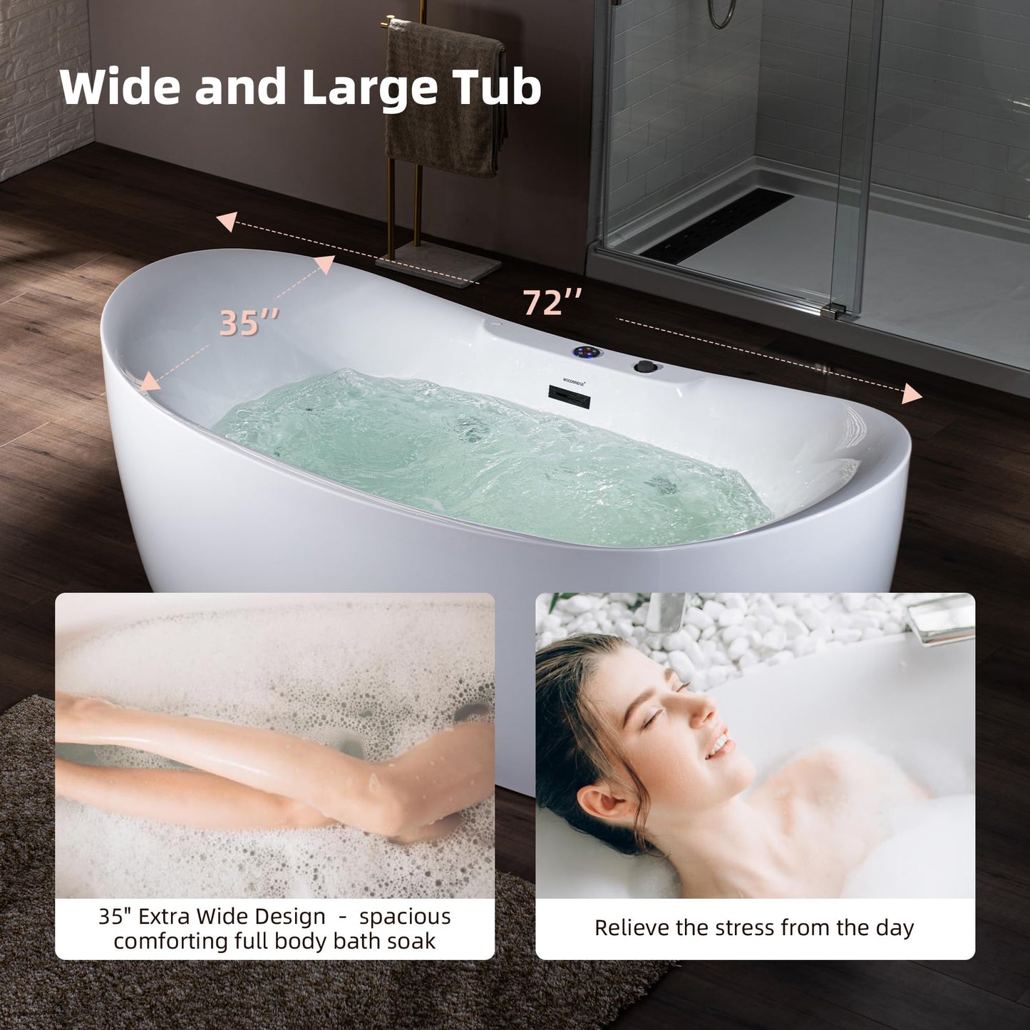 WOODBRIDGE 72" x 35-3/8" Whirlpool Water Jetted and Air Bubble Freestanding Heated Soaking Combination Bathtub with LED control panel,Matte Black drain and overflow,BM-400
