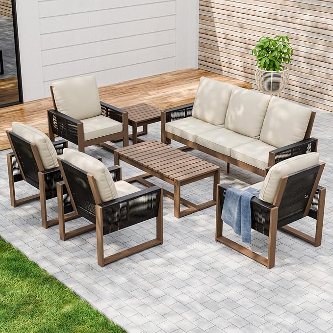 INTER HUT Rustic Hideaway Natural Cedar Wood Outdoor Furniture Set, Wicker Patio Conversation Set for Porch Garden Backyard, Couch, 4 Patio Chairs, Tables, 7 Piece, Brownish/Beige