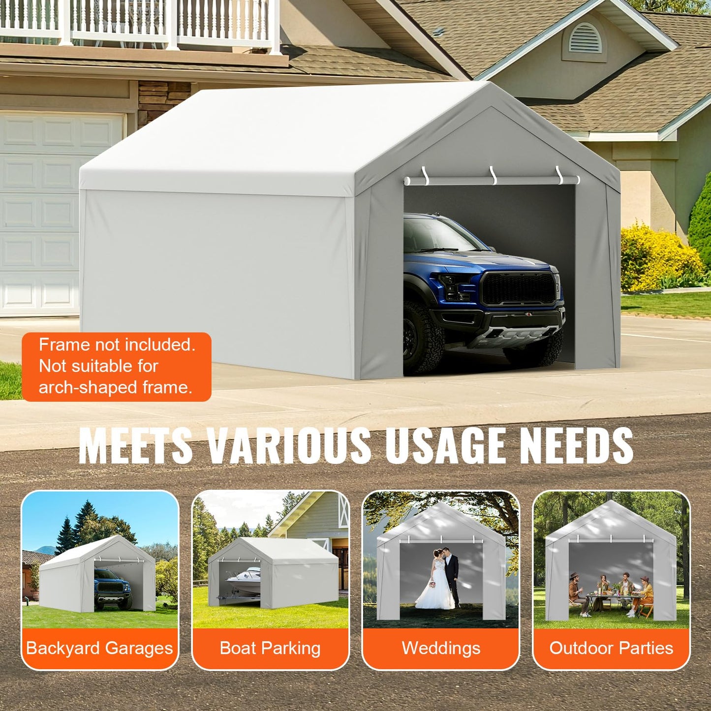 VEVOR Carport Replacement Canopy Cover Top + Side Wall 10 x 20 ft, Garage Tent Shelter Tarp Heavy-Duty Waterproof & UV Protected, Easy Installation with Ball Bungees,Grey (Frame Not Included)