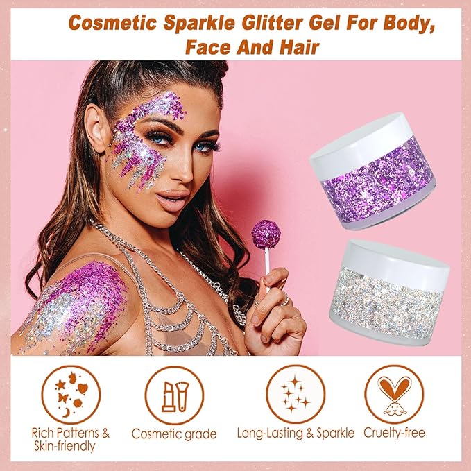 Boko 50ML Red White Blue Body Glitter Gel, 4th of July Chunky Glitter for Face Hair Body Pride Makeup, Patriotic Glitter for Independence Day Memorial Day Veterans Day Flag Party Rave Accessories