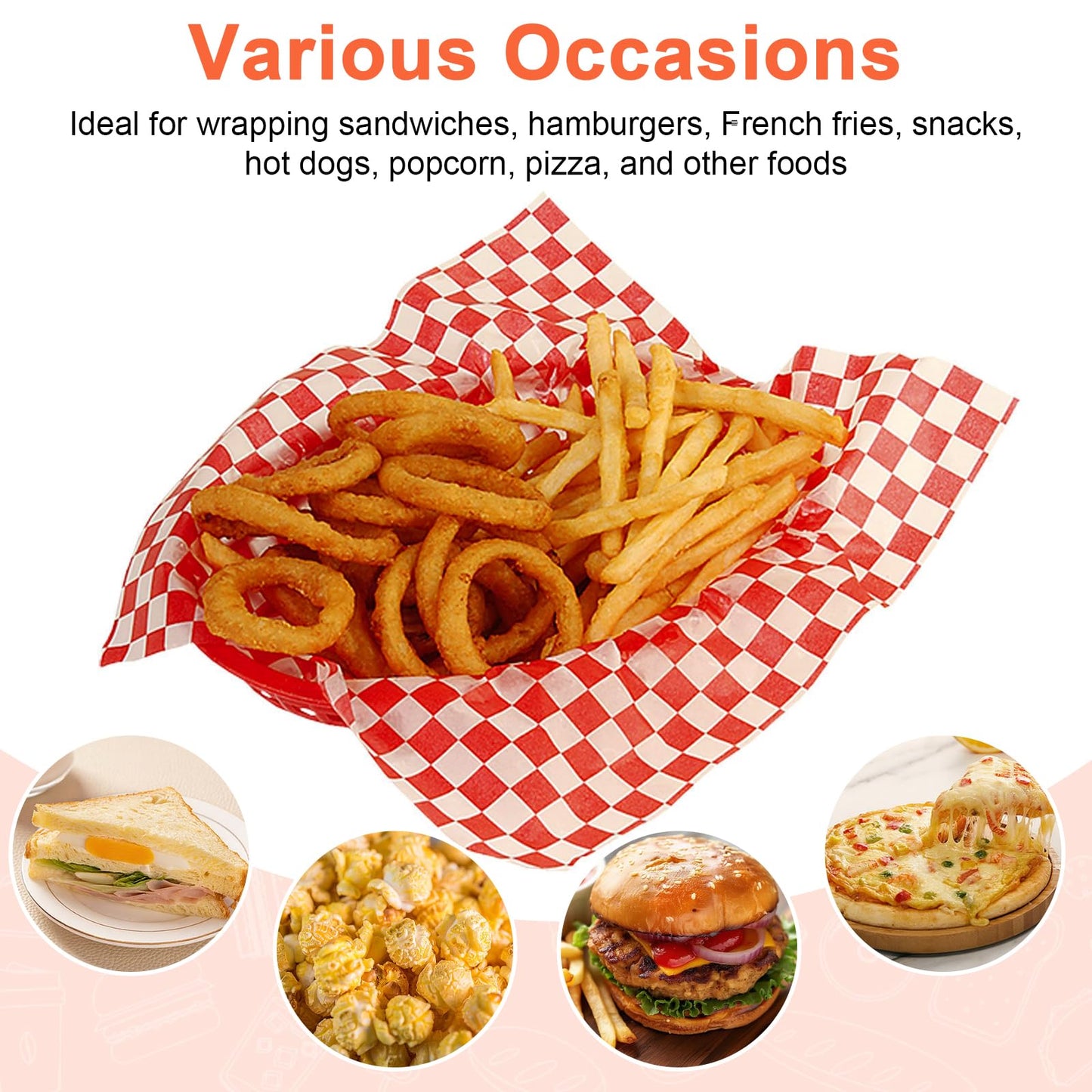Ninsula Deli Paper Sheets 126P, 11.5x11.5 In Checkered Sandwich Paper Wraps, 6 Colors Basket Liners For Food Serving, Grease Resistant Burger Wrappers for BBQ, Picnic, Party
