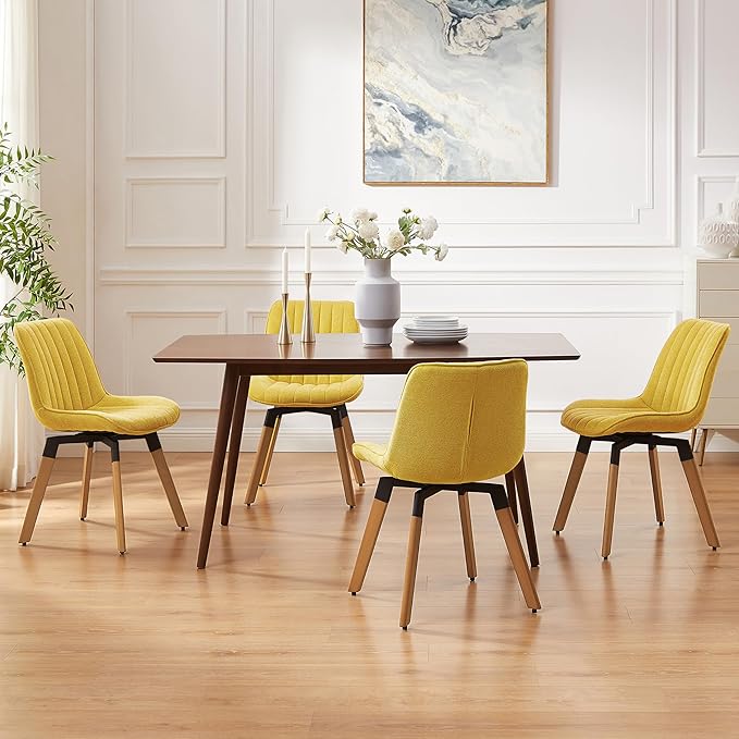 Art Leon Dining Chairs Set of 4, Mid Century Modern Swivel Dining Room Chairs, Fabric Upholstered Armless Side Chairs with Wood Legs for Kitchen Living Room Bedroom, Yellow