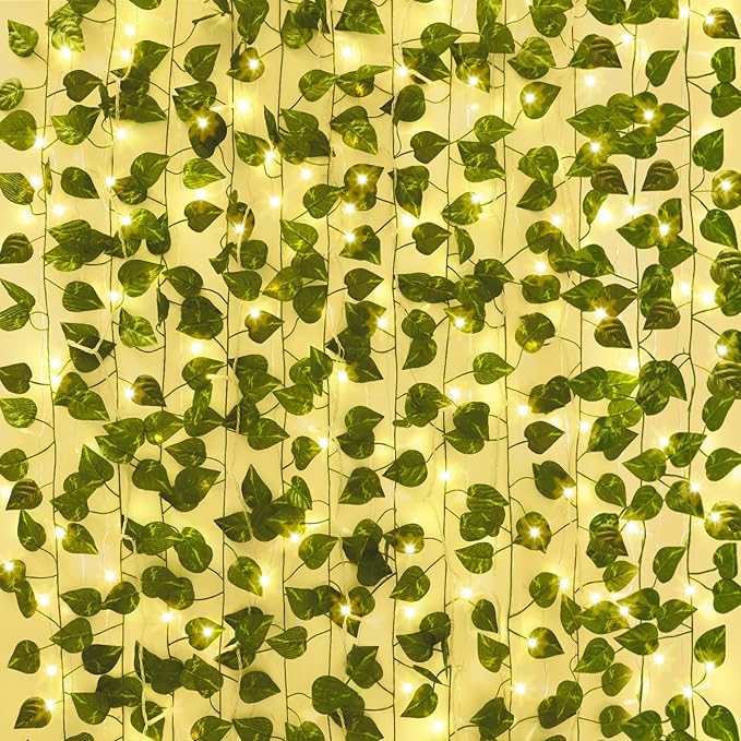 CEWOR 24 Pack 173ft Fake Ivy Vines, Artificial Ivy Garland with 200 LED String Lights, Hanging Plants Greenery Backdrop Gr...