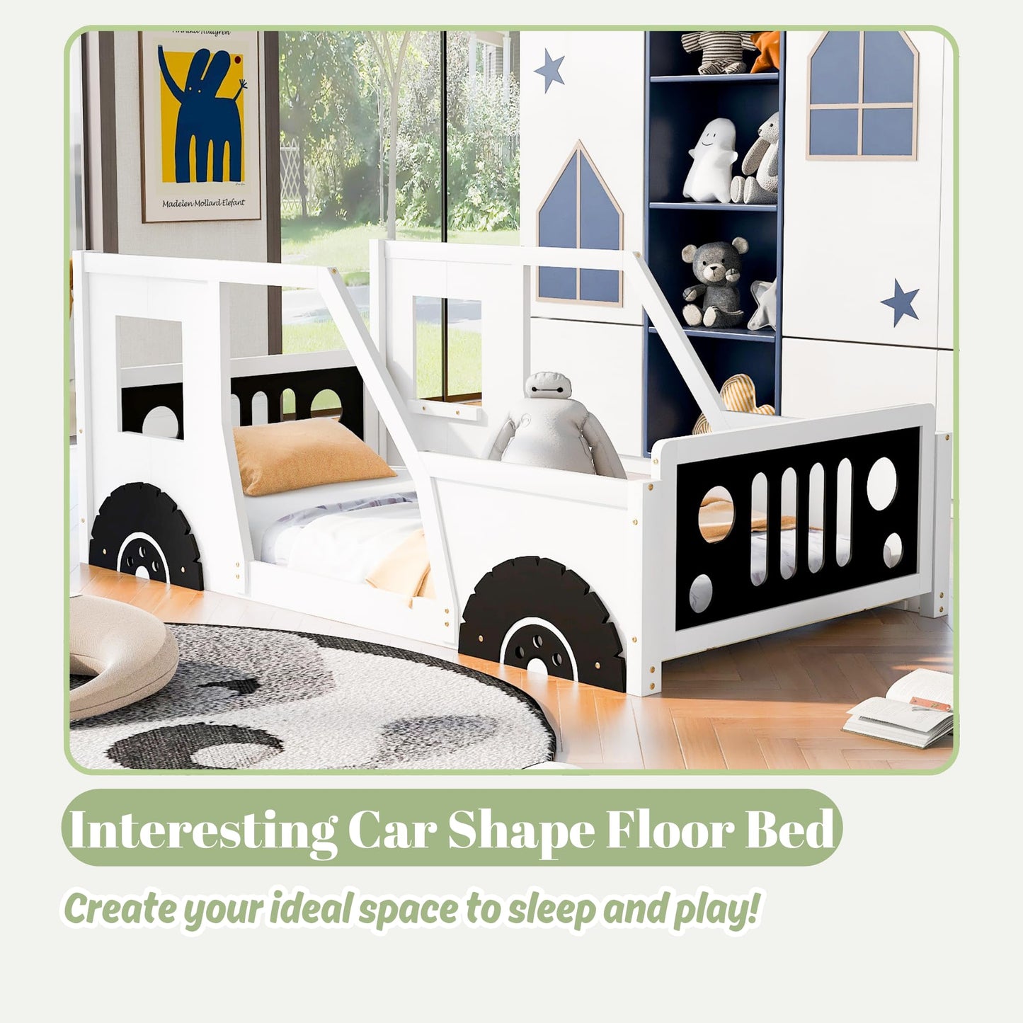 Twin Size Car Bed, Wood Floor Bed Frame with Headboard & Footboard and 4 Side Rails, Kids Racecar Bed for Boys Girls Teens, White