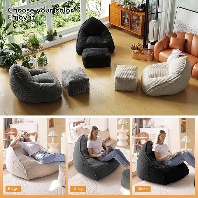 Cloud Large Bean Bag Chair with Ottoman, Corduroy Fabric+35D Memory Foam Big Beanbag Chair for Adults,Lounger Chairs Sofa Boneless Puff Chair for Living Room, Bedroom,Balcony,Playroom (Black)