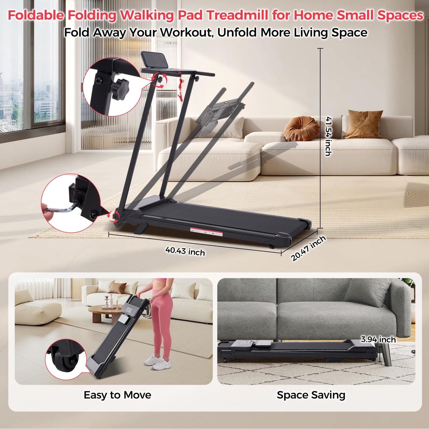 Walking Pad Treadmill with Handle Bar & Incline, 0.6-10MPH Portable Small Treadmills for Home Small, 3.5HP Walking Pad Treadmill with Incline, 400LBS Electric Mini Treadmills for Home Exercising