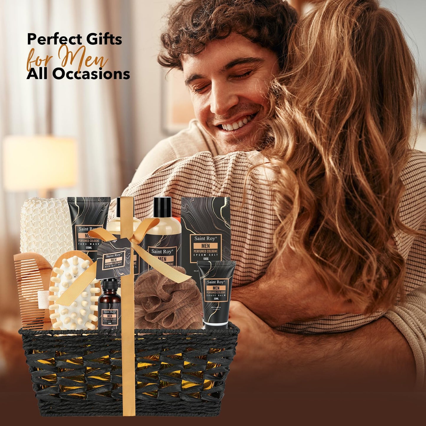 Fathers Day Gifts for Men Dad Bath Perfume Gift Set for Men, 14 Pcs Spa Basket with Classic Perfume kit, Personal Self Care Shaving Kit Relax Included Scubber, Beard Oil, Bath Pillow, Valentines Day