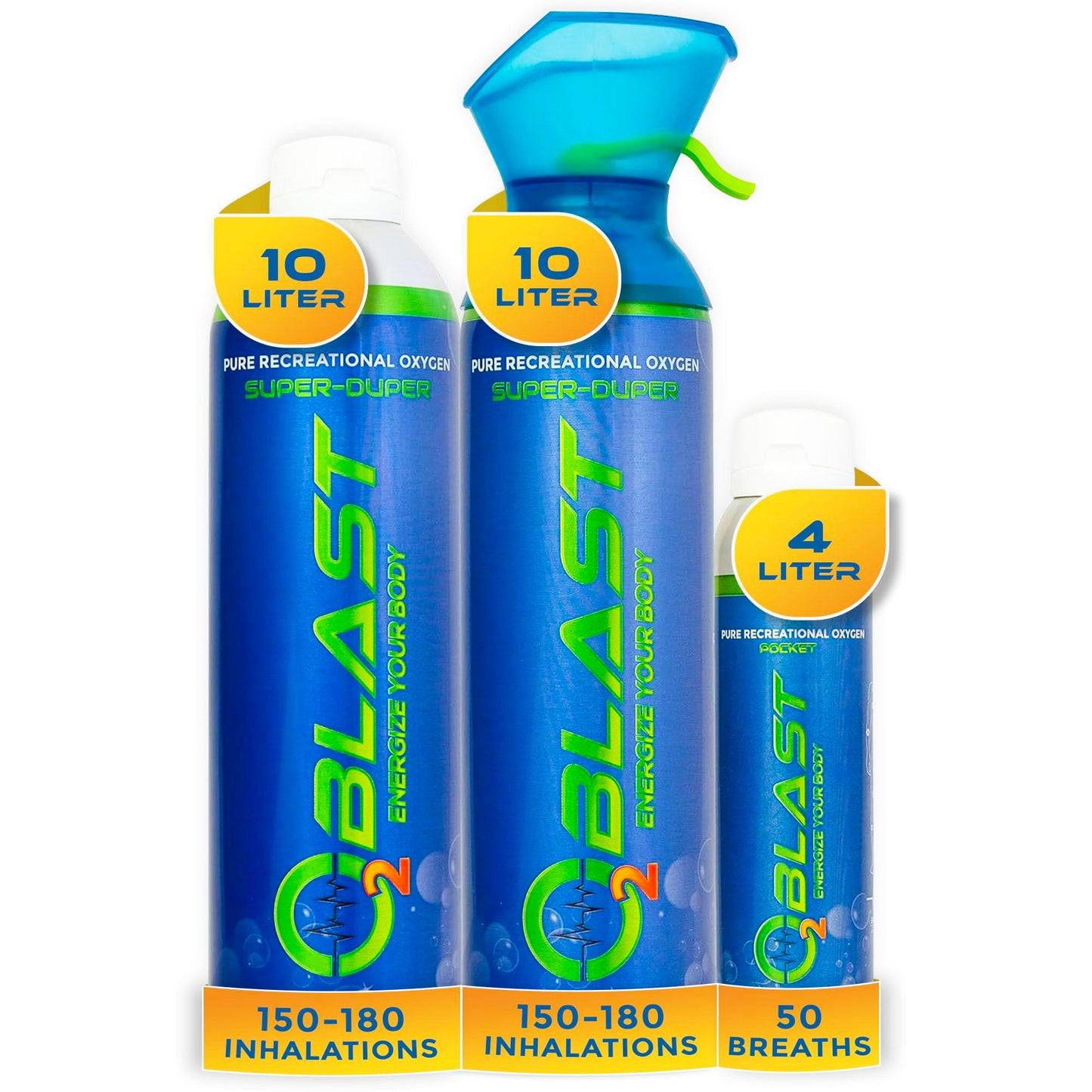 O2 Blast - Portable Pure Oxygen Bundle with 10L and 4L Flip-Top Can, and 10L Can with Breathing Mask Filled with 99.99% Pure Oxygen for Sports, Fitness, Hiking, Outdoor Adventures, and Recreation